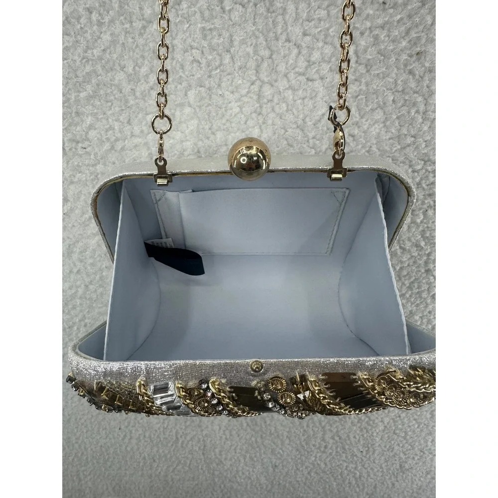 JOCELYN Embellished Gold Silver Beaded Clutch Evening Bag Chain‎ Strap INC